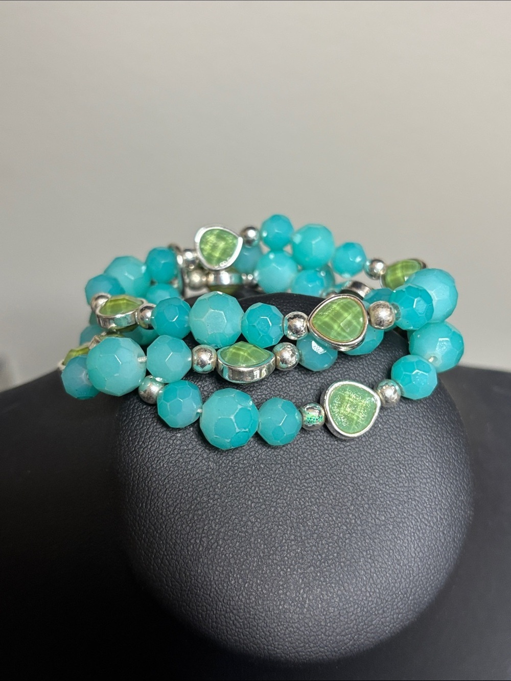 Turquoise Faceted Beaded Stretch Boho Bracelet Green Accents - Women Jewelry